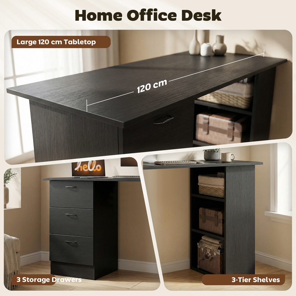 Portland 3 Drawer 3 Shelf Customisable Computer Desk Black Image 7