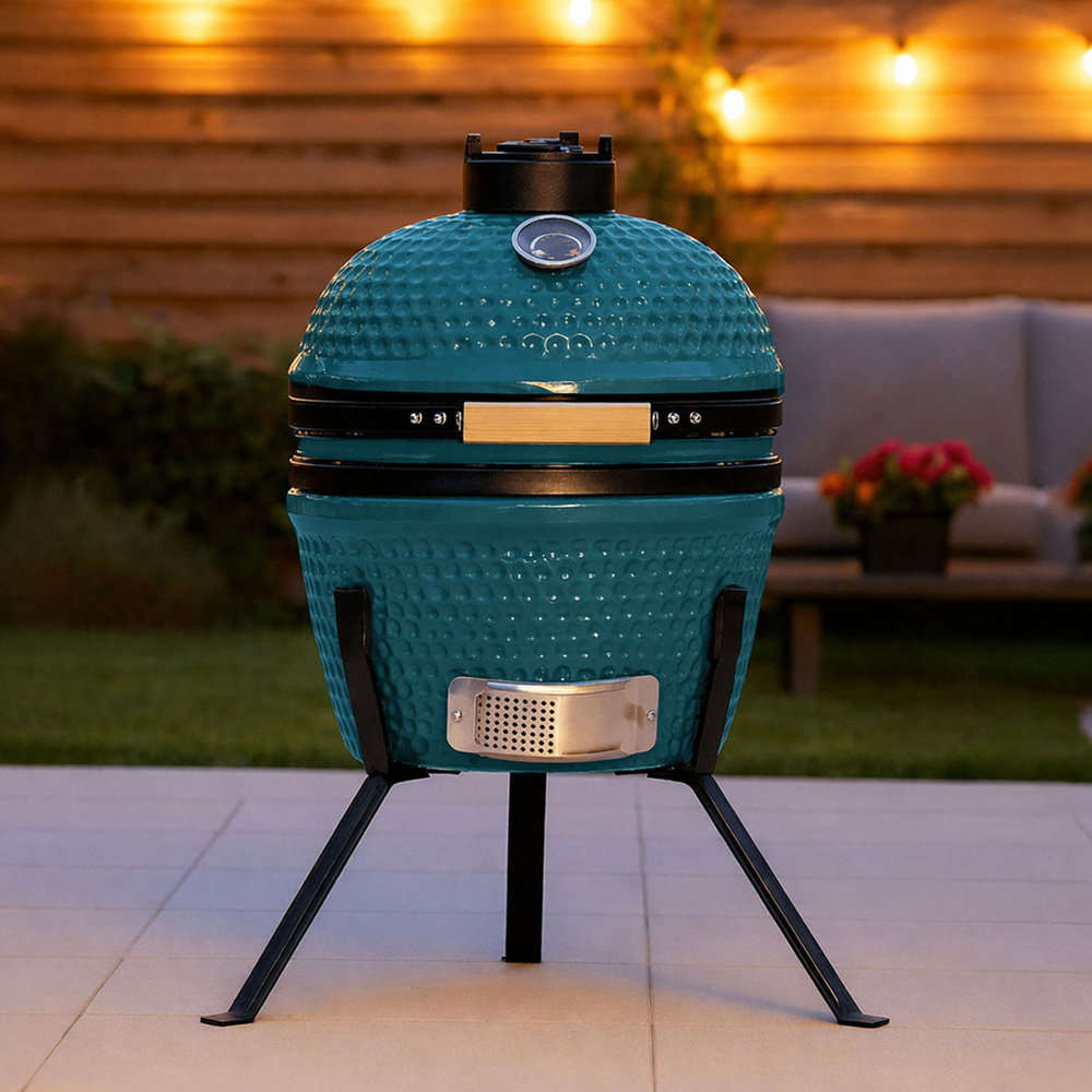 Neo Kamado Blue Portable Ceramic 13 inch Mini BBQ Grill Smoker with Stand Image 3