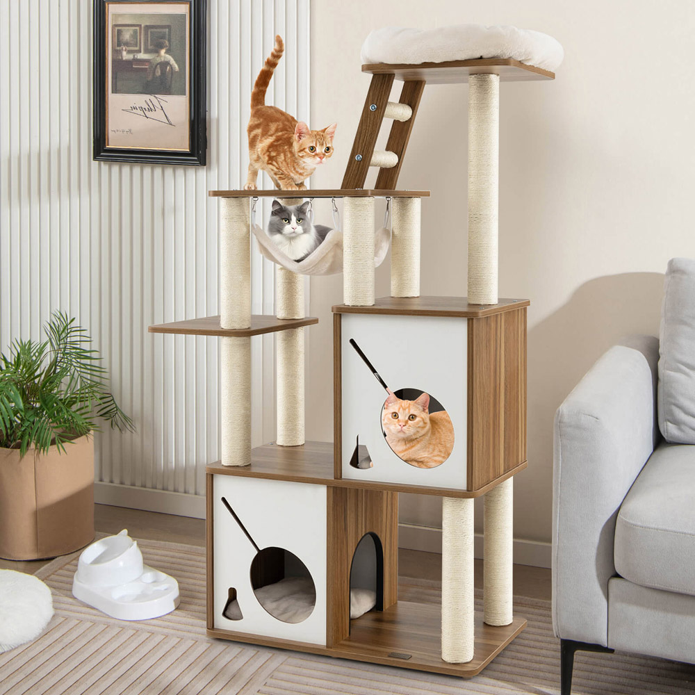 Costway Natural Multi Level Cat Tree Tower with Scratching Posts 145cm Image 2