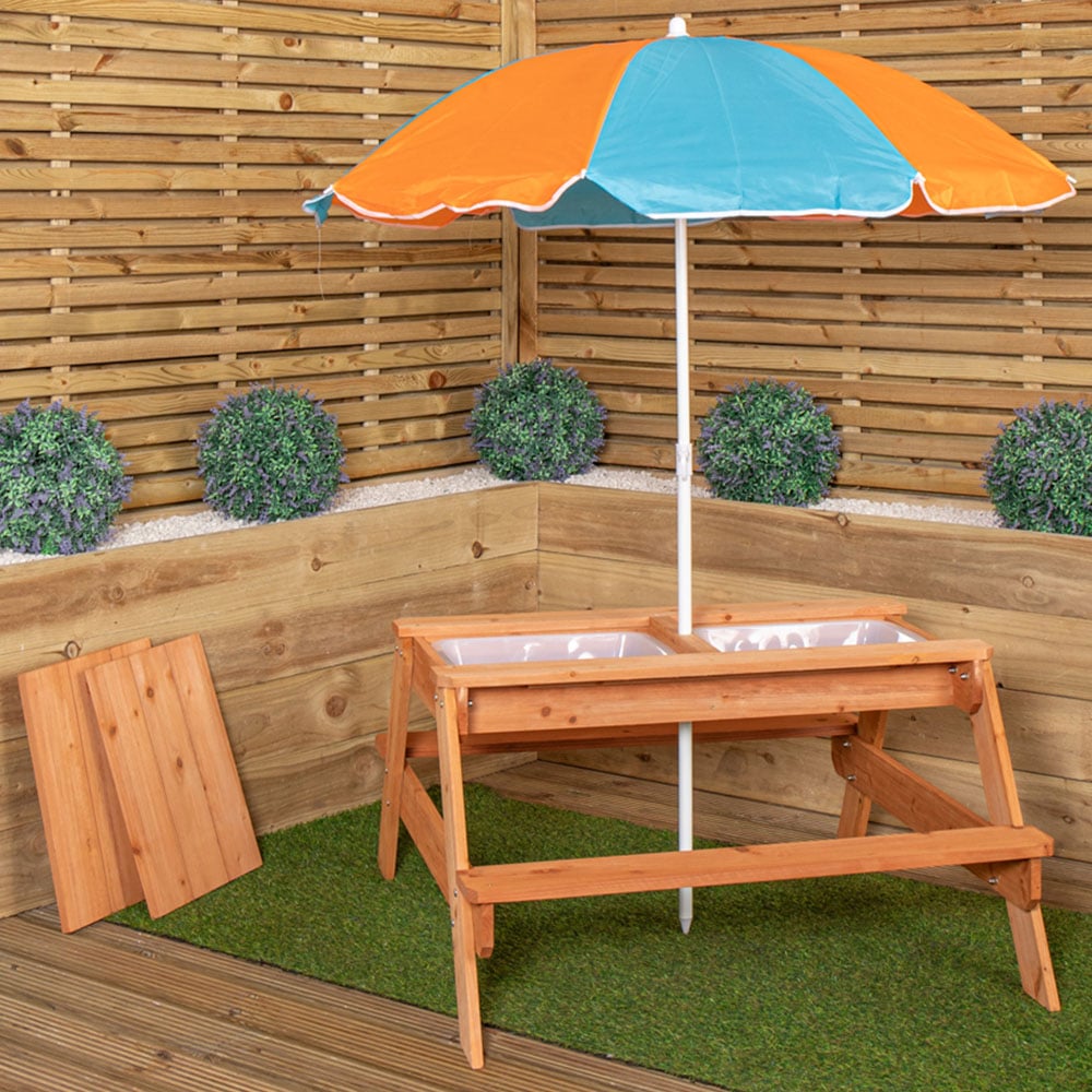 Samuel Alexander 4 Seater Kids Wooden Picnic and Activity Table with Parasol and Tray Image 1