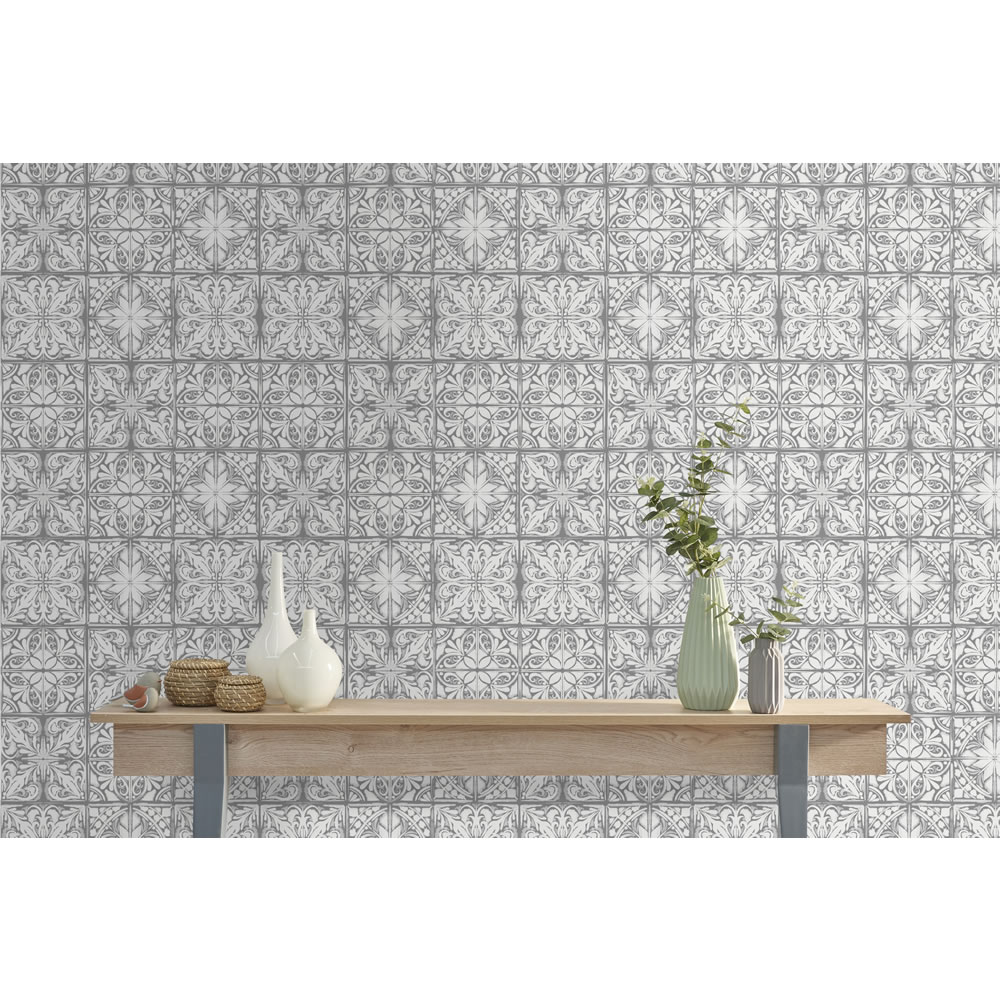 Wilko Wallpaper Oriental Tile Grey Image 4