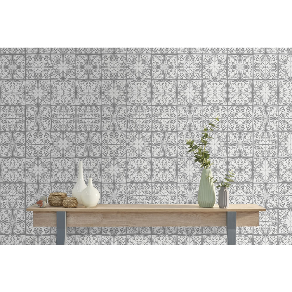 Wilko Wallpaper Oriental Tile Grey Wilko