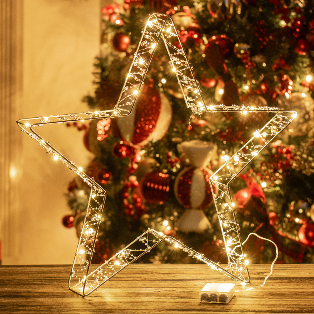 The Christmas Workshop 50 Warm White LED Light Up Metal Star Decoration with Reflective Beads 1.6ft Image 1