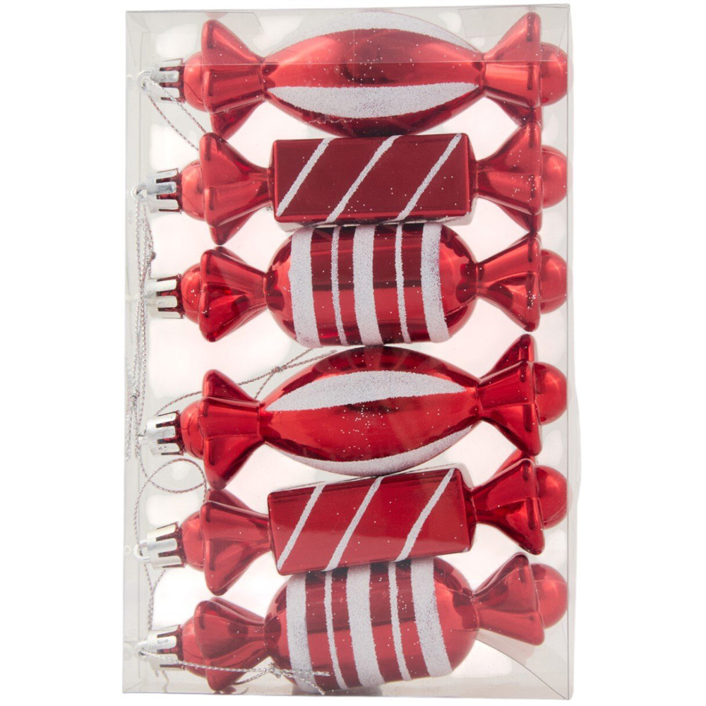 Pack of 6 Sweet Hanging Decorations Red and White Image 1