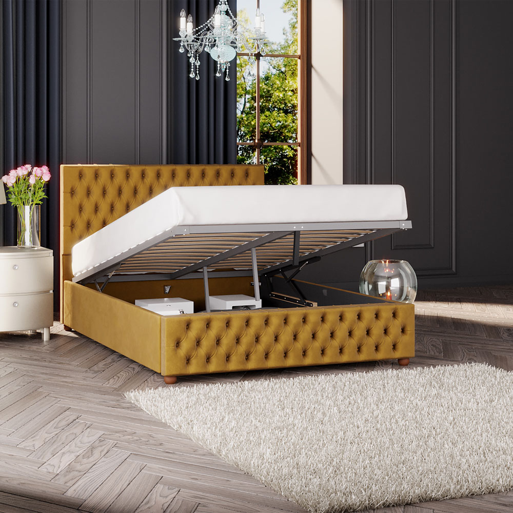 Laurence Llewelyn-Bowen Seren Double Ochre Plush Velvet Ottoman Bed Image 2