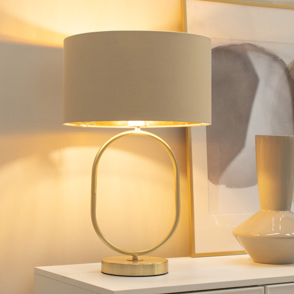ValueLights Antonia Beige with Gold Inner Drum Shade Brushed Gold Oval LED Table Lamp Image 2
