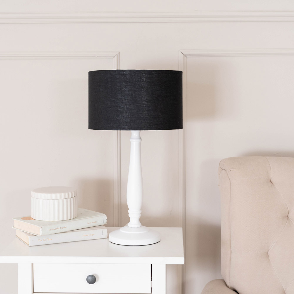 ValueLights Victoria Black Fabric Drum Shade White Wood Traditional LED Table Lamp Image 3