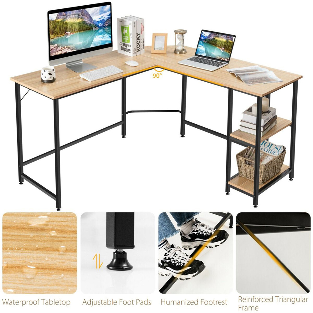 Costway 2 Shelf Corner Computer Desk Natural Image 6