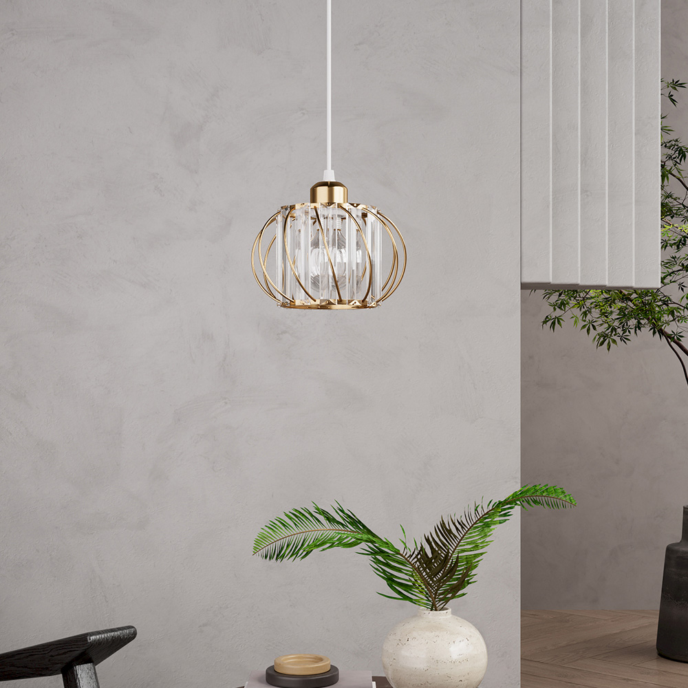 Living and Home Gold Iron Cage Glass Panels E27 Pendant Light Image 2
