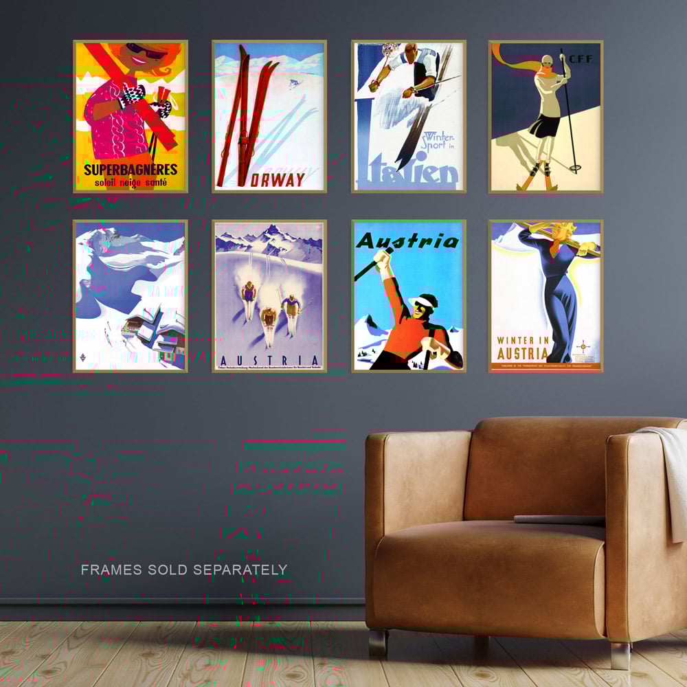 Artery8 Vintage Austria Italy France Norway Winter Sport Adverts Wall Art Print 30 x 41cm 8 Pack Image 2