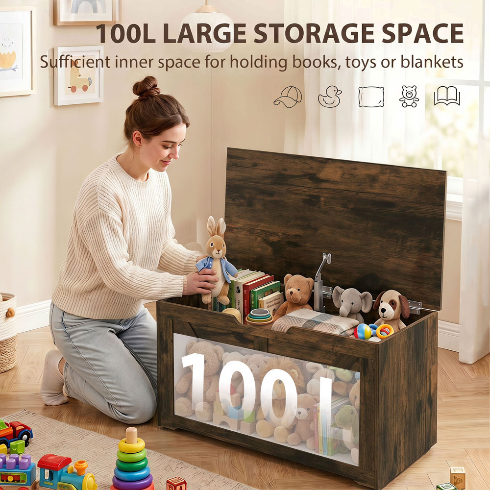 HOMCOM 100L Rustic Brown Storage Trunk with Safety Hinge Image 5