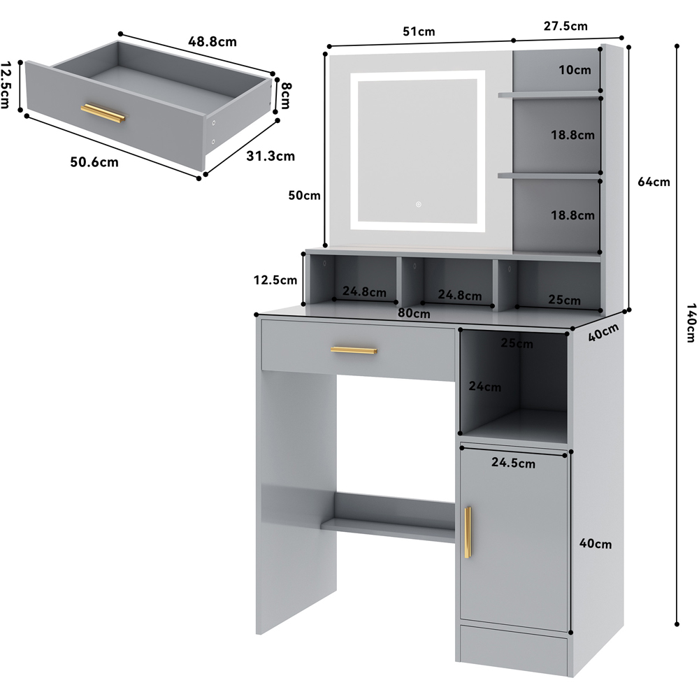 Brooklyn Truro Single Door Single Drawer 7 Shelf Grey Adjustable Dressing Table with LED Mirror Image 9