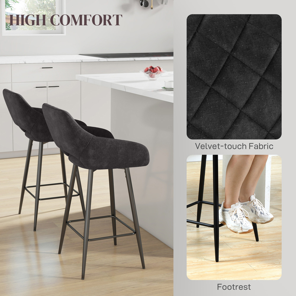 HOMCOM Dark Grey Velvet Touch Fabric Bar Chair Set of 2 Image 5