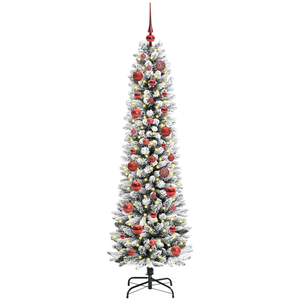 vidaXL Pre-Lit Warm White LED and Red Baubles White Artificial Christmas Tree with Stand 5ft Image 1