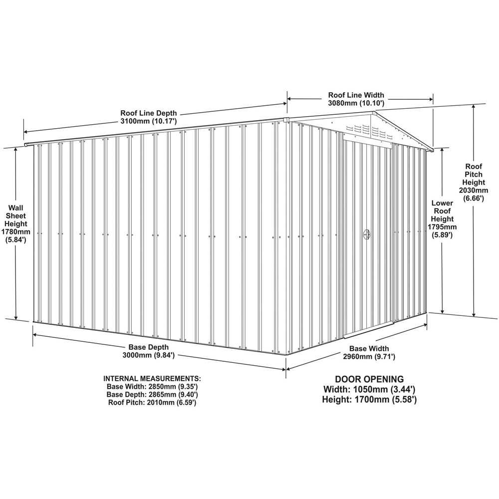 Globel 10 x 10ft 2 Door Grey Metal Apex Garden Shed Image 9