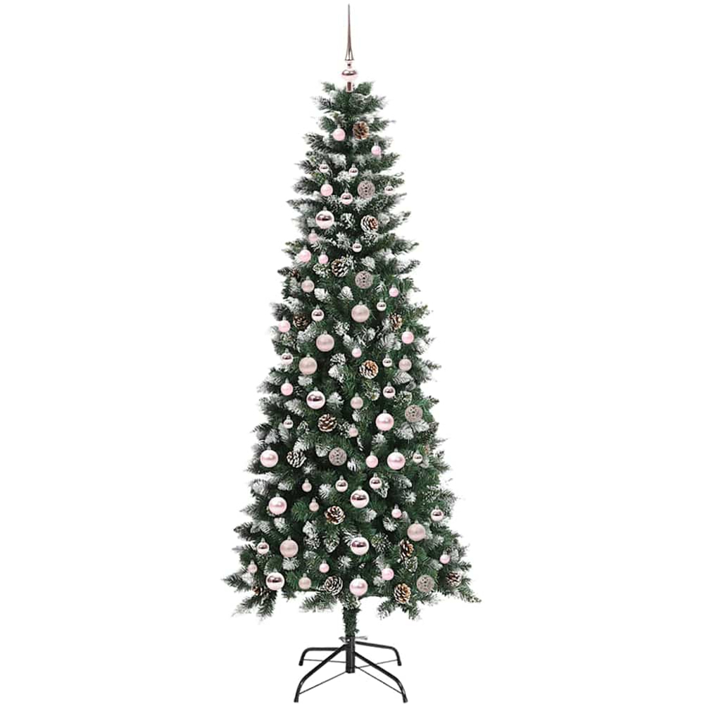 vidaXL Pre-Lit Pink Baubles Green Artificial Snow Tipped Christmas Tree 7ft Image 4