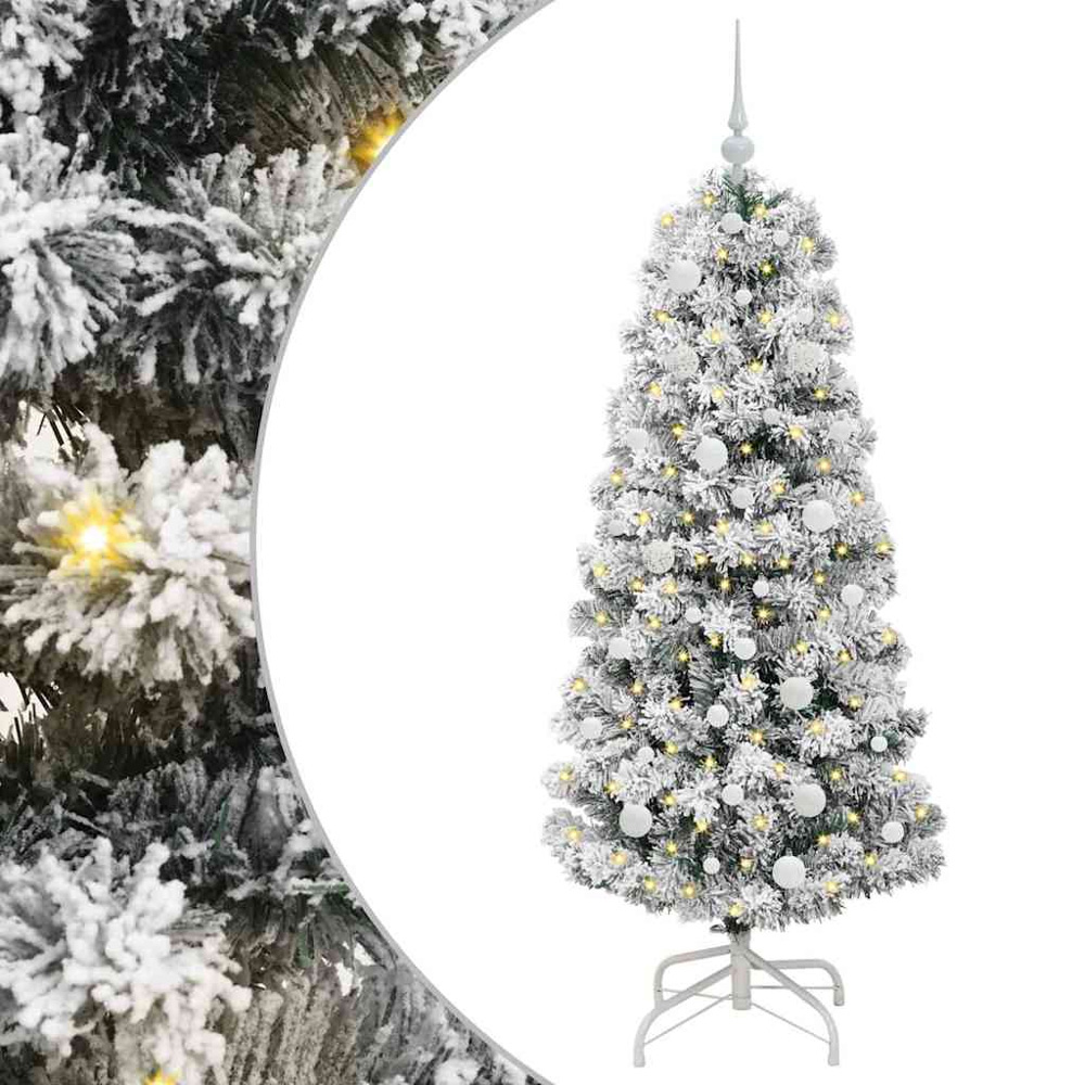 vidaXL Pre-Lit Warm White LED and White Baubles Snow Flocked Artificial Christmas Tree 5ft Image 2