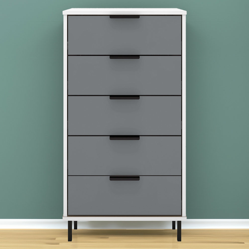Seconique Madrid 5 Drawer Grey and White Gloss Narrow Chest Image 1