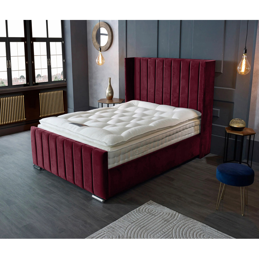 Eleganza Home Meriso King Size Maroon Plush Velvet Bed Frame with Winged Headboard Image 3