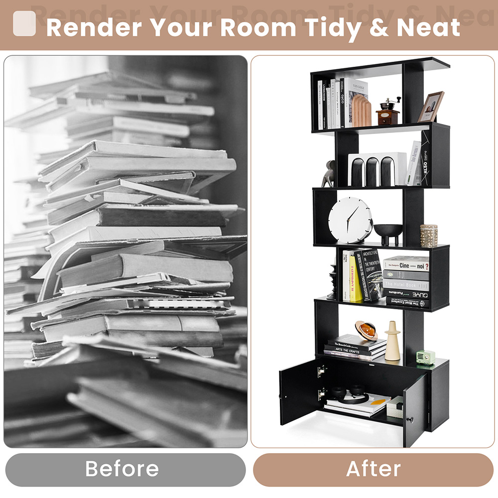 Costway 2 Door 5 Shelf Black S Shaped Bookcase Image 7