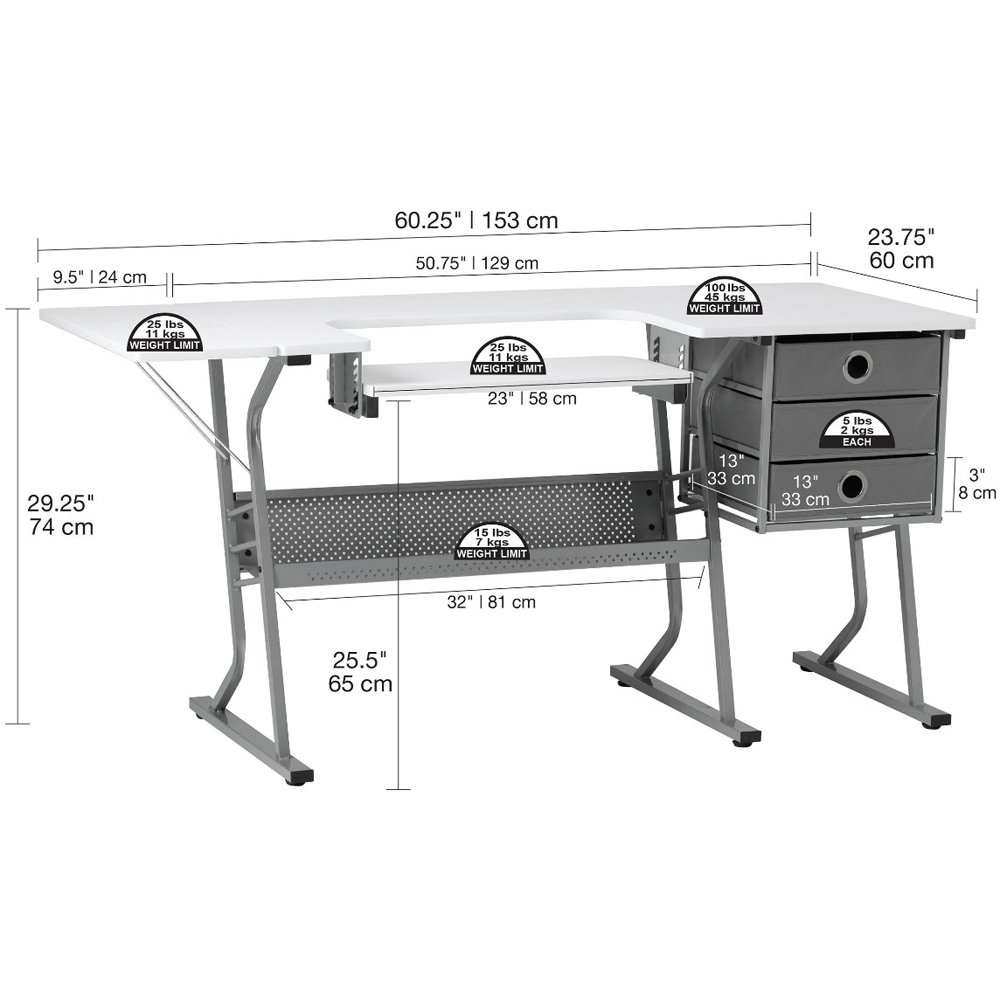Sewing Online Eclipse 13376 3 Drawer Single Shelf Grey White Ultra Sewing Machine and Hobby Table Image 3