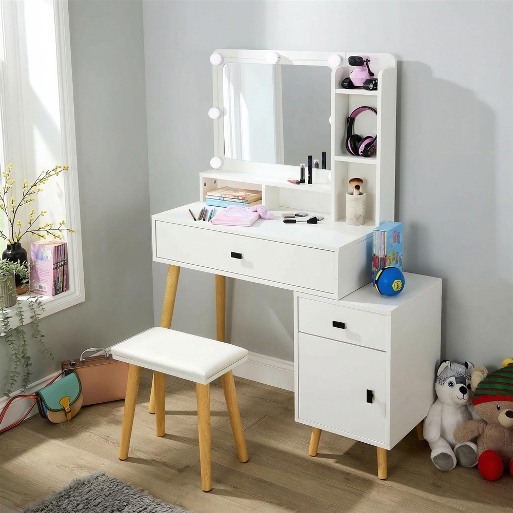 Home Source Forta Single Door 2 Drawer White Vanity Table and Stool Set with Light-Up Mirror Image 7