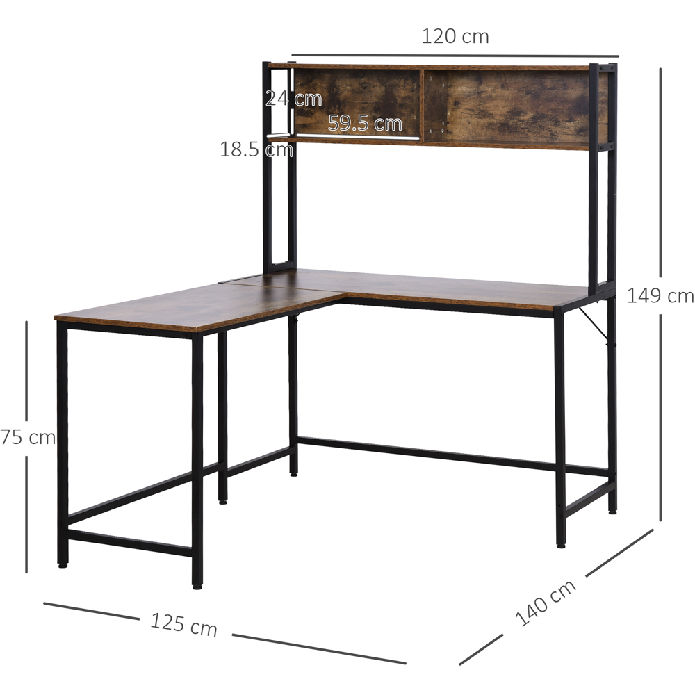 Portland 2 Shelf Industrial L-Shaped Corner Work Desk with Adjustable Feet Brown and Black Image 9