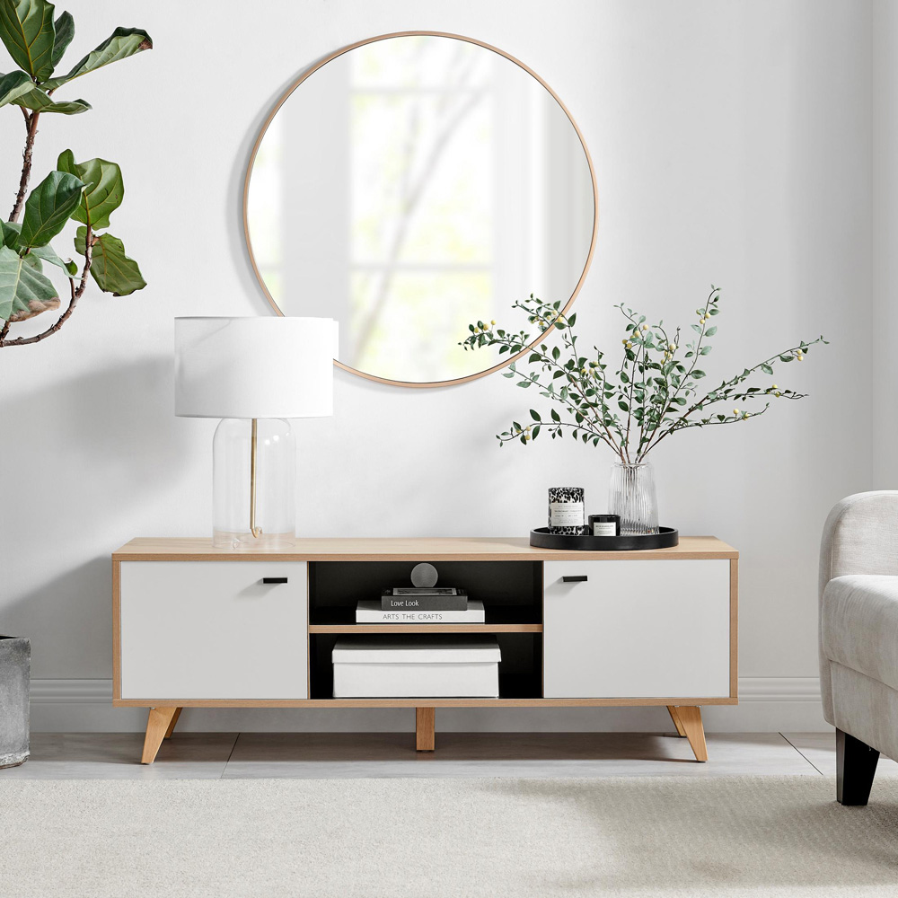 Furniturebox Billet 2 Door 2 Shelf Off White and Wood Effect TV Unit Image 6