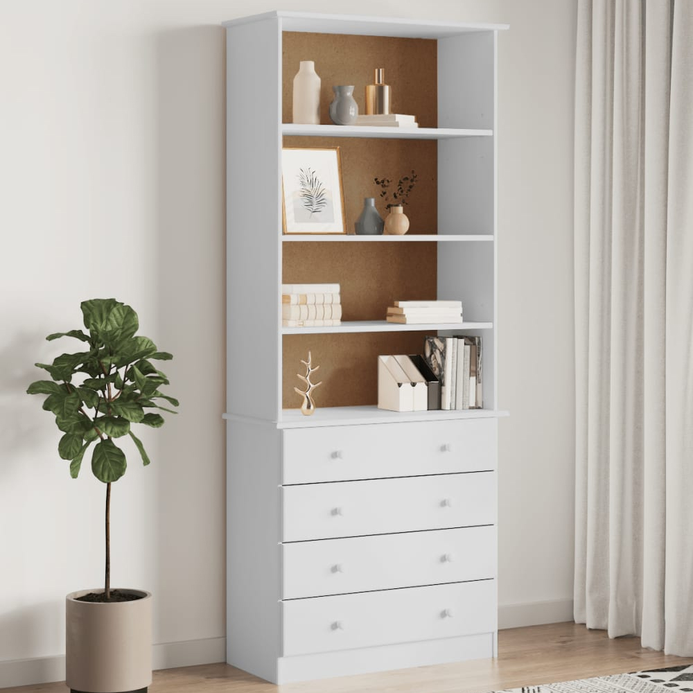 vidaXL 4 Drawer 4 Shelf White Pine Wood Bookcase Image 1
