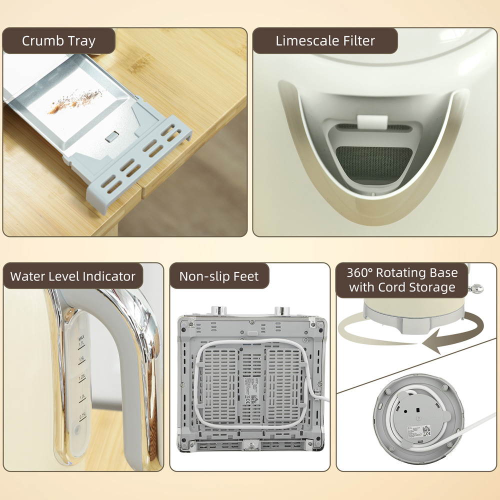 HOMCOM 800-289V70CW Cream Retro 1.7L Kettle and 4 Slice Toaster Set 3000W Image 3