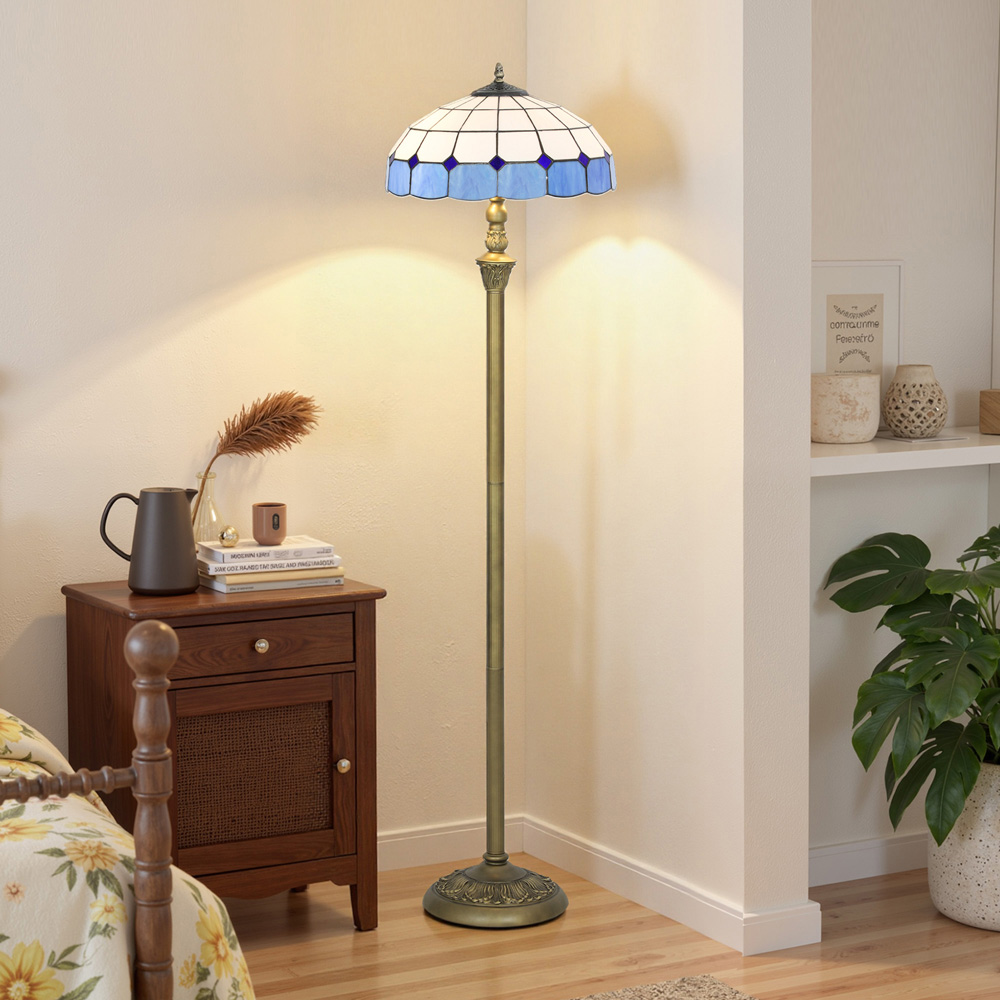 HOMCOM Blue Vintage Handcrafted Stained Glass Shade Floor Lamp Image 4