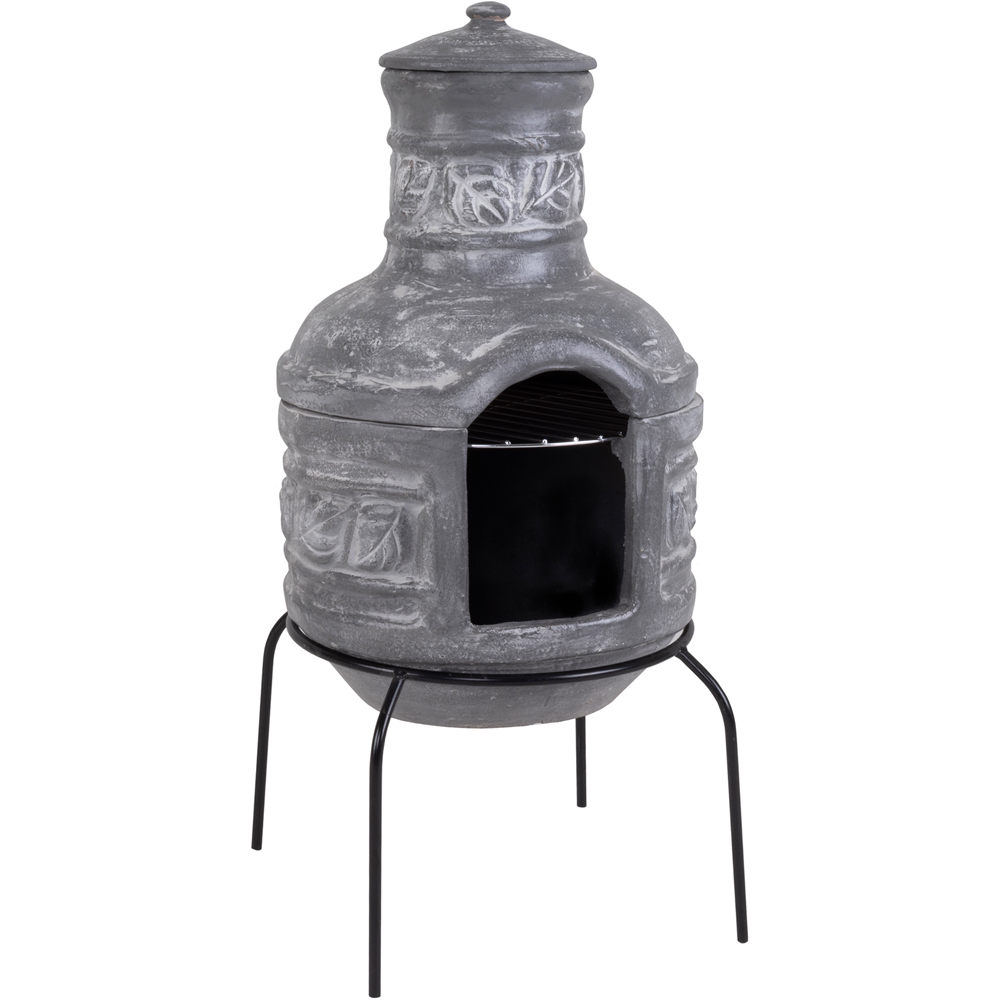 Charles Bentley Snug Granada Leaf Motif Clay Chiminea with BBQ Grill Lid and Stand Image 3
