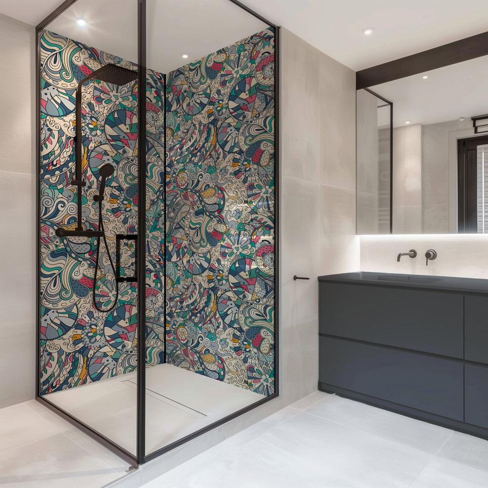 Splashbax Premium Artisan Colourful Doodle Acrylic Bathroom Wall Panel 2400 x 900mm Image 4