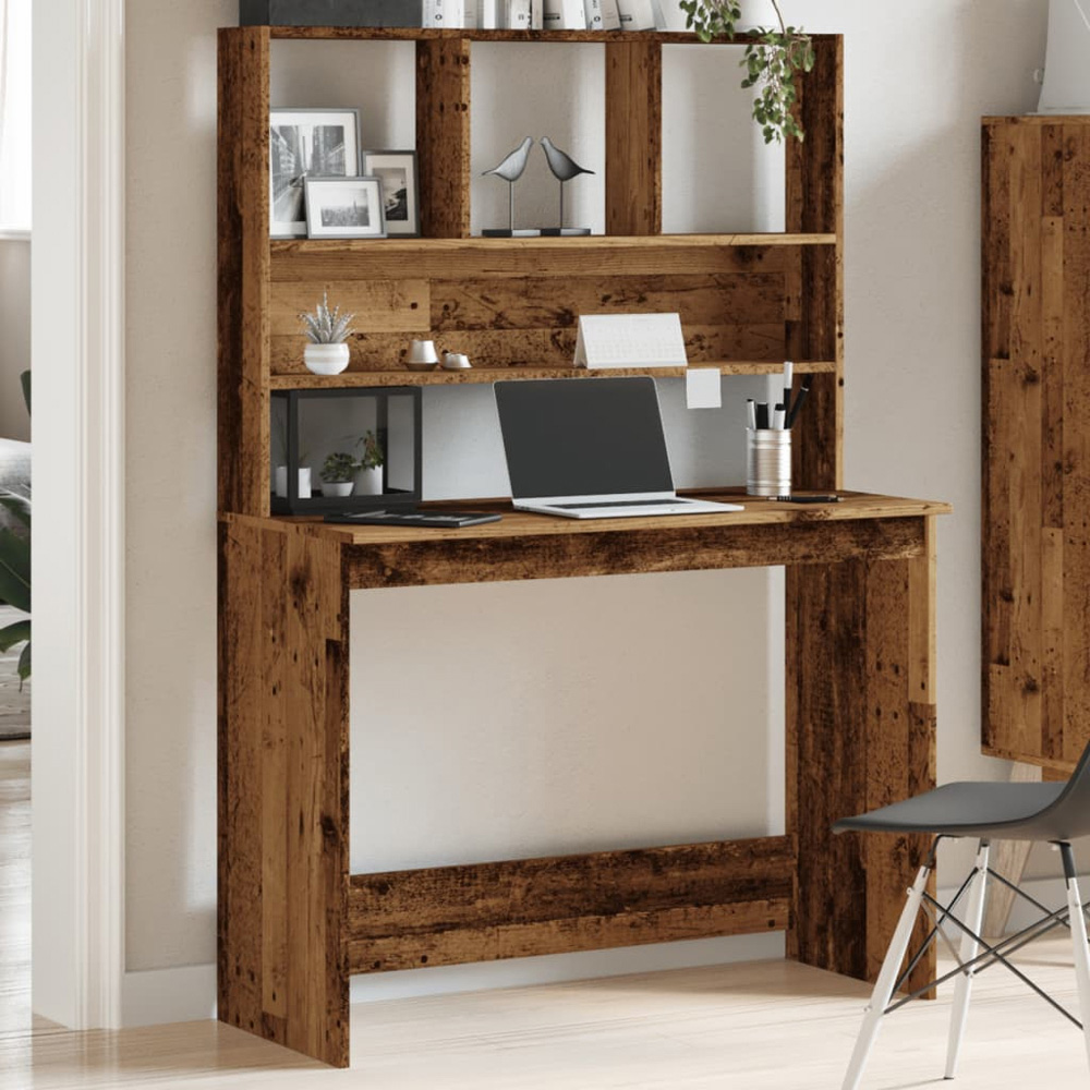 vidaXL 4 Shelf Study Desk Old Wood Effect Image 1