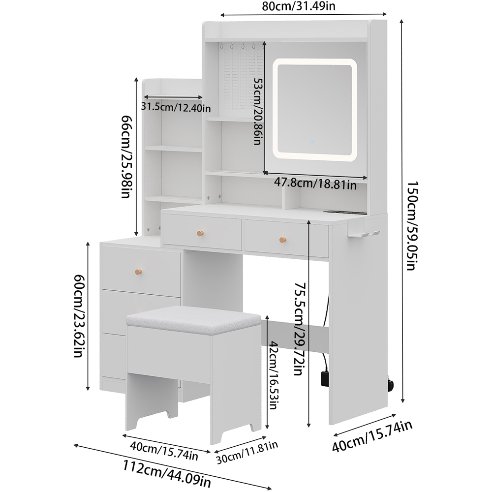 Living and Home 5 Drawer 6 Shelf White LED Dressing Table Set Image 9