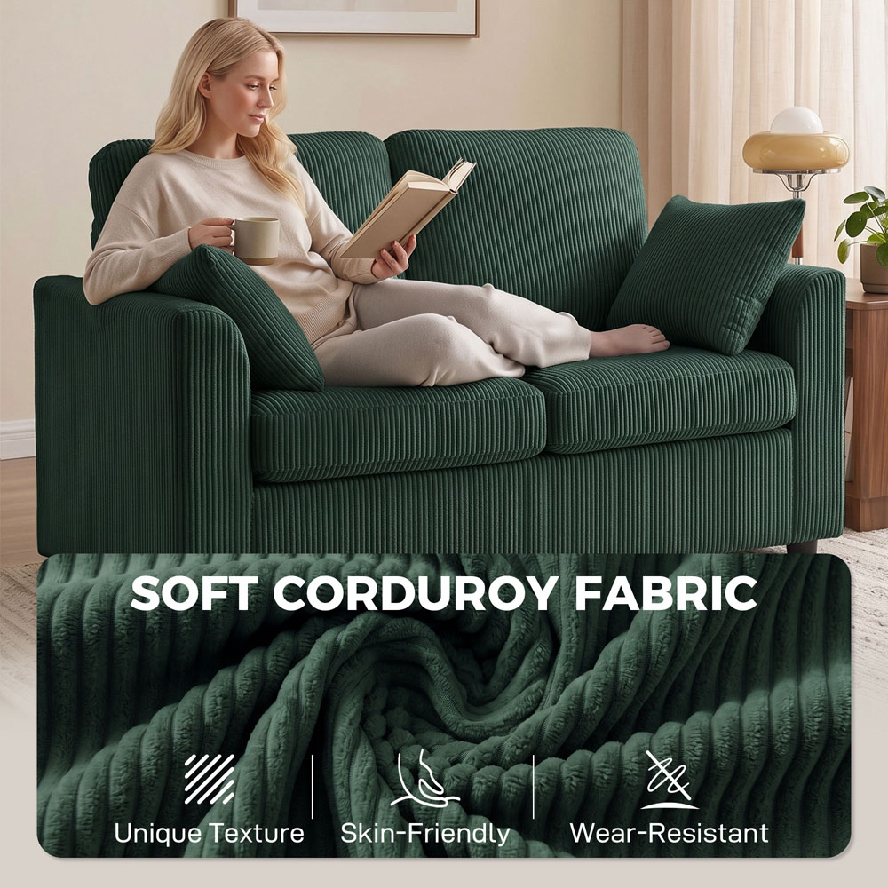 HOMCOM 2 Seater Dark Green Corduroy Upholstered Small Couch Sofa with Spring Cushion Image 5