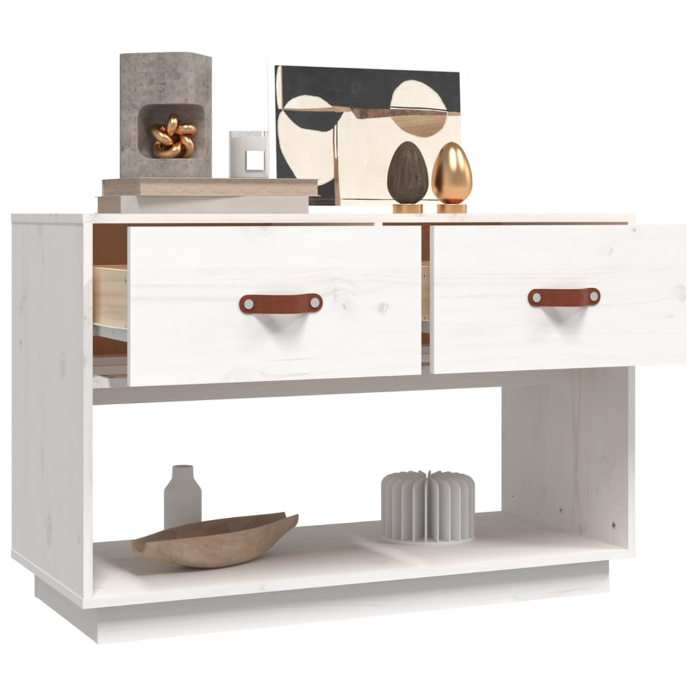 vidaXL 2 Drawer Single Shelf White Solid Pine Wood TV Cabinet Image 3