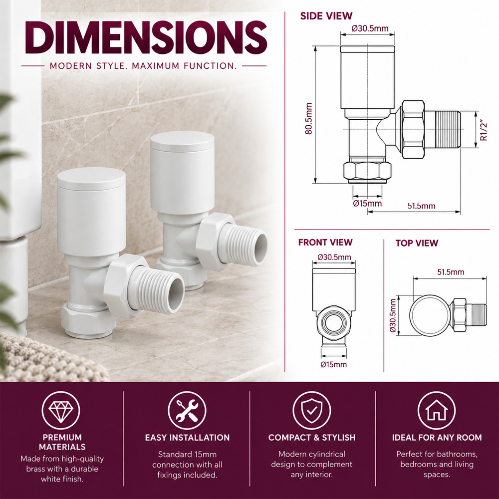 Go Bathrooms White Round Top Angled Radiator Valve Set 15mm Image 6