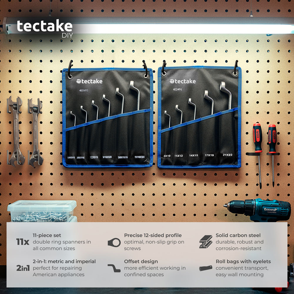 tectake 11 Piece Metric and Imperial Carbon Steel Double Ring Spanner Set with Roll Up Pouches Image 6