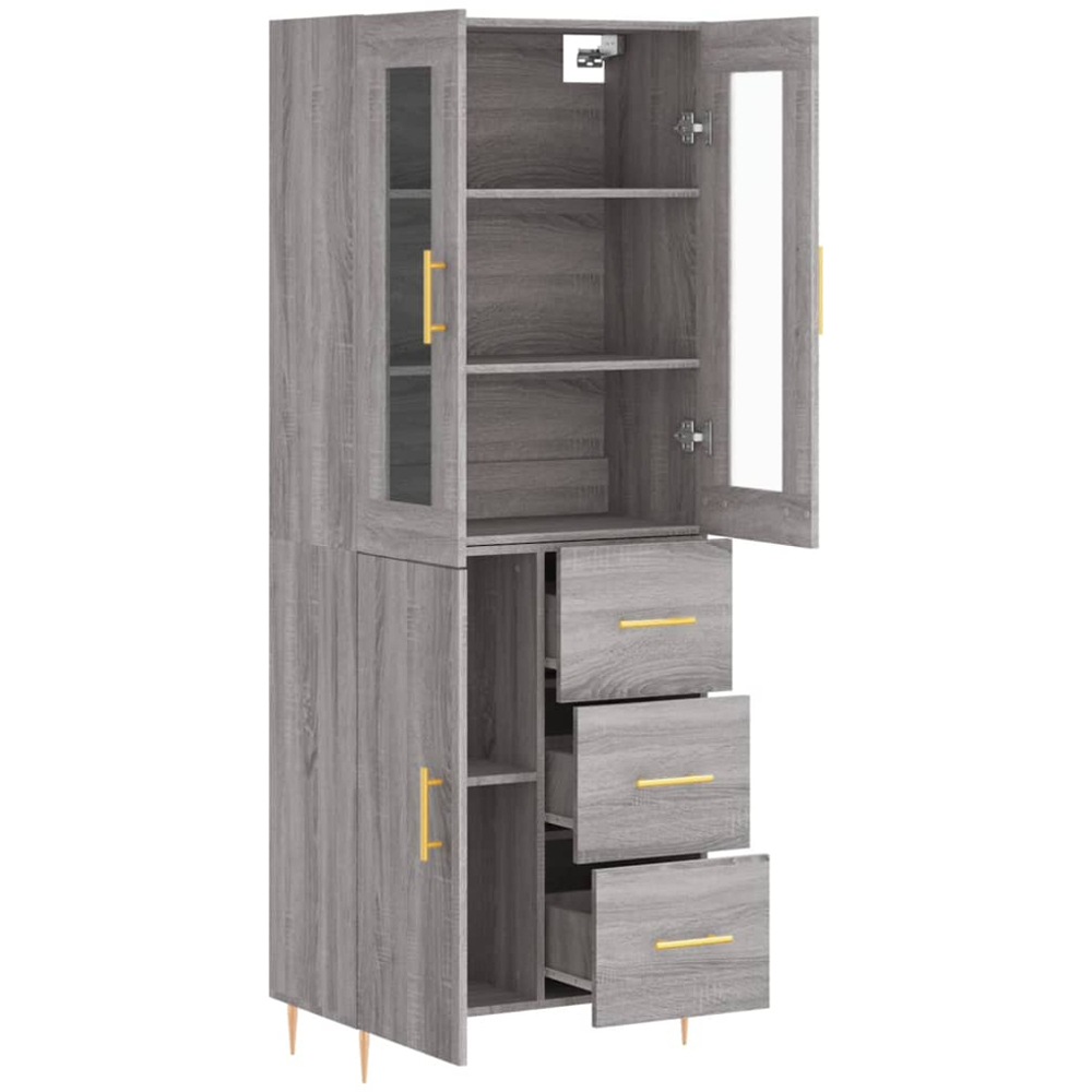 vidaXL 3 Glass and Wood Door 3 Drawer Grey Sonoma Highboard with Gold Handle Image 4