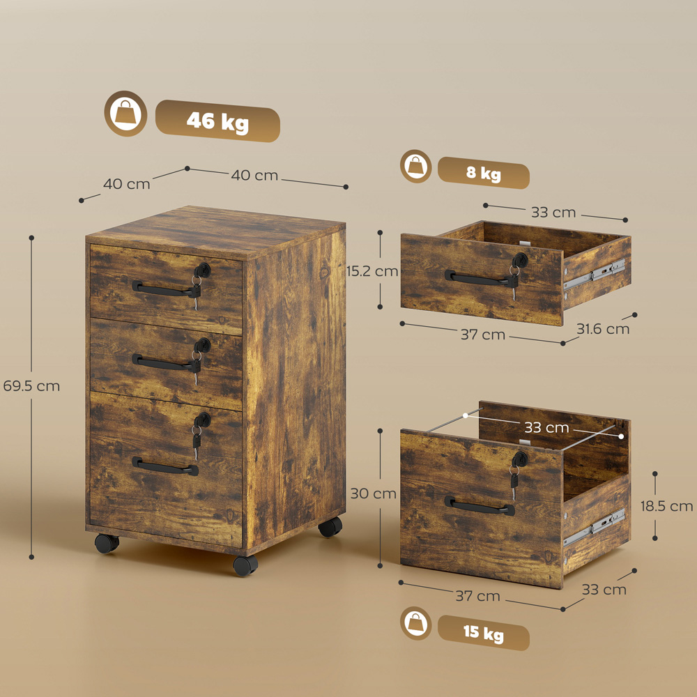 Portland 3 Drawer Brown Mobile Lockable Filing Cabinet with Keys Image 9