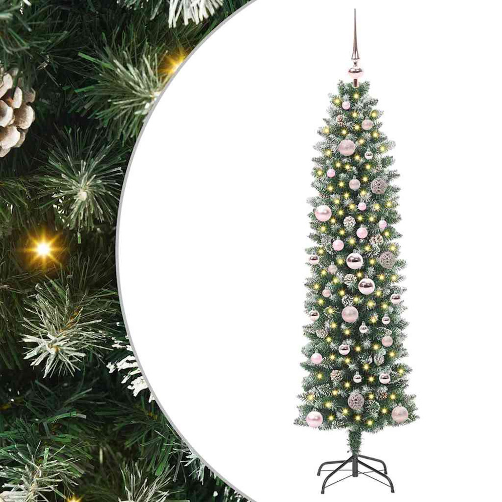 vidaXL Pre-Lit Warm White LED and Pink Baubles Green Slim Artificial Christmas Tree 5ft Image 8