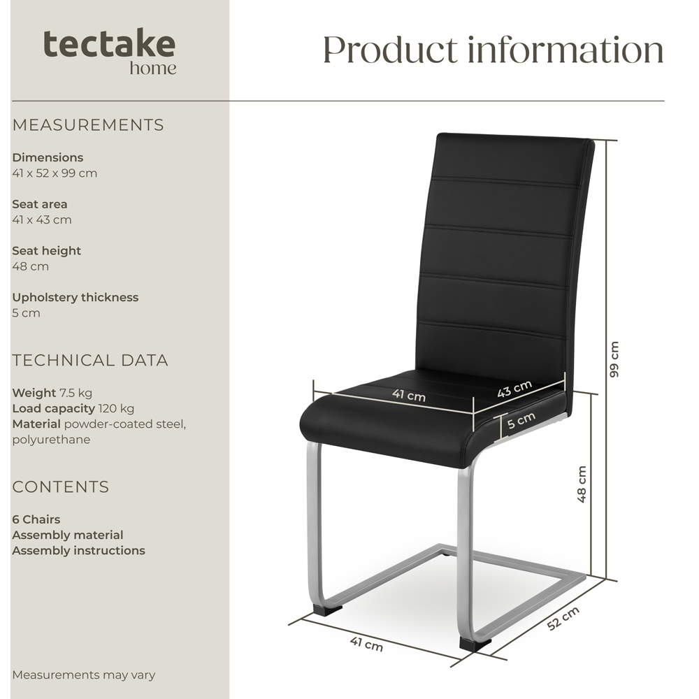 tectake Set of 6 Black Cantilever High Backrest Dining Chair Image 9