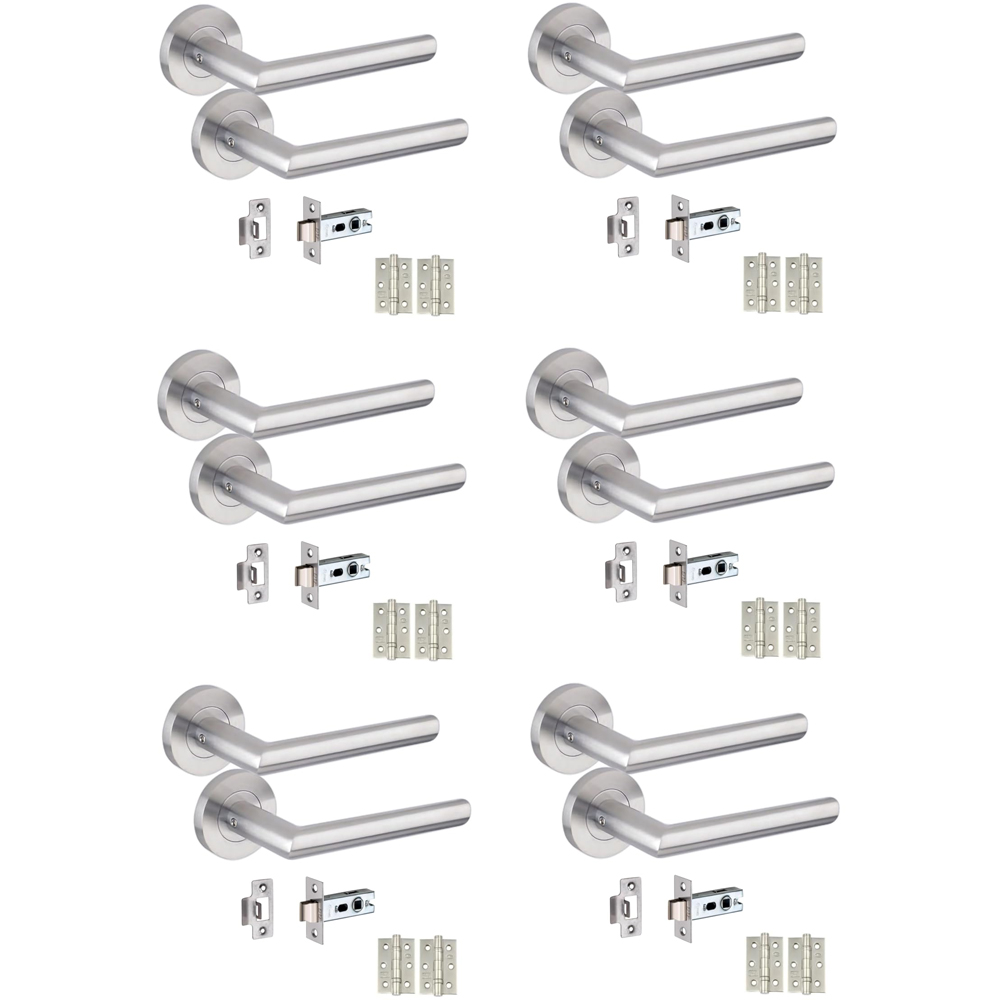 Golden Grace Mitred Satin Nickel Door Handle Pair with Tubular Latch Hinges 52mm 6 Pack Image 1