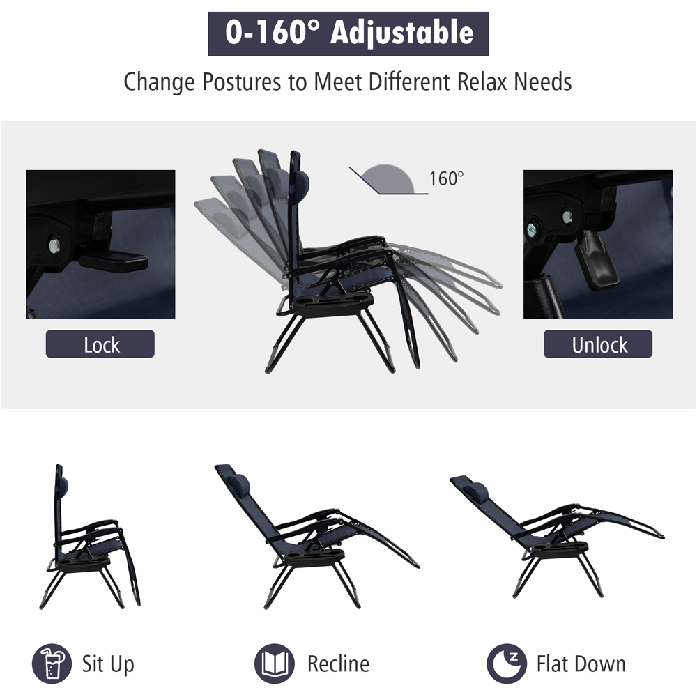 Costway Navy Folding Patio Recliner with Removable Headrest and Cup Holder Image 4