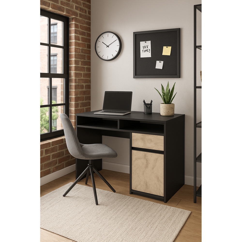 Decorotika Isla Single Door Single Drawer 2 Shelf Corner Computer Desk Black Travertine Image 6