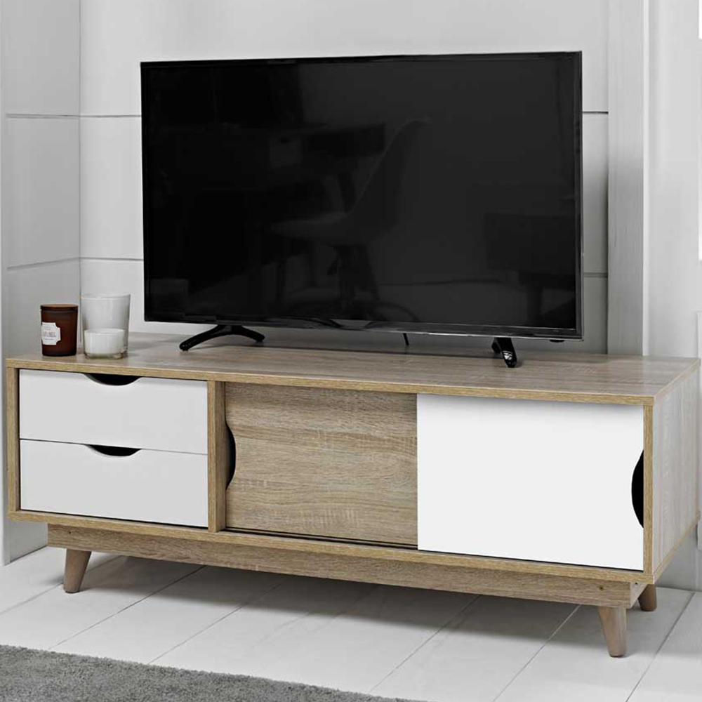 Scandi 2 Drawer Single Shelf White Oak Effect TV Unit Image 1