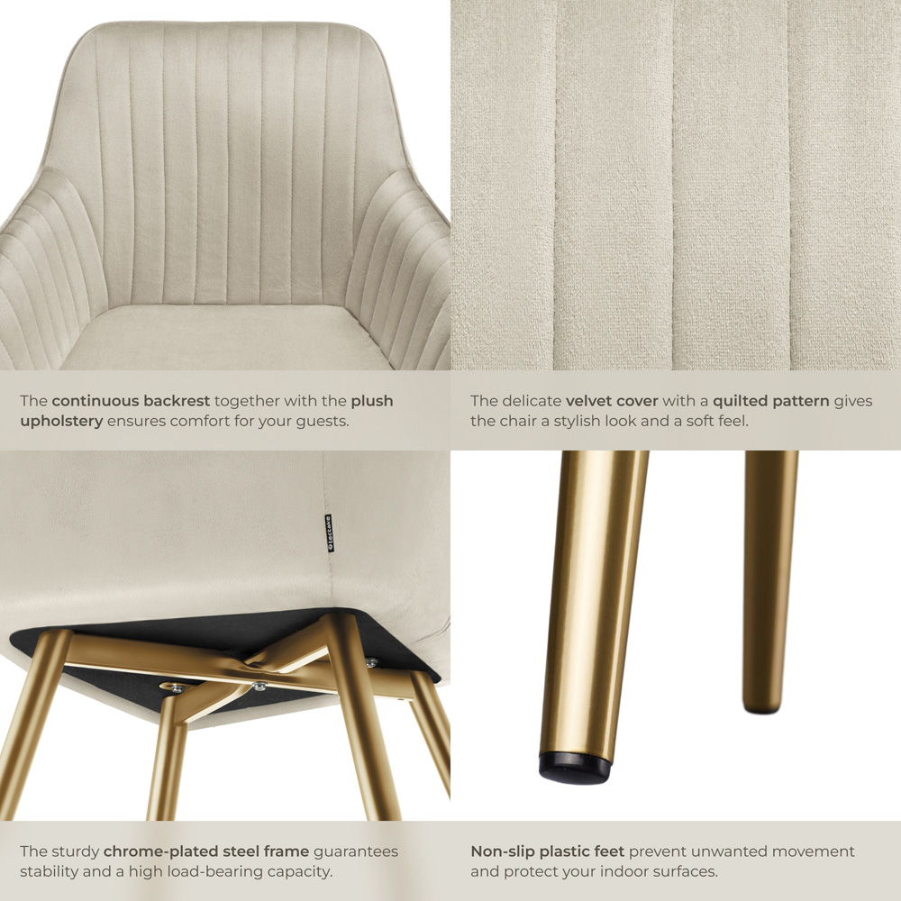 tectake Marilyn Set of 6 Cream Gold Quilted Velvet Dining Chair Image 5