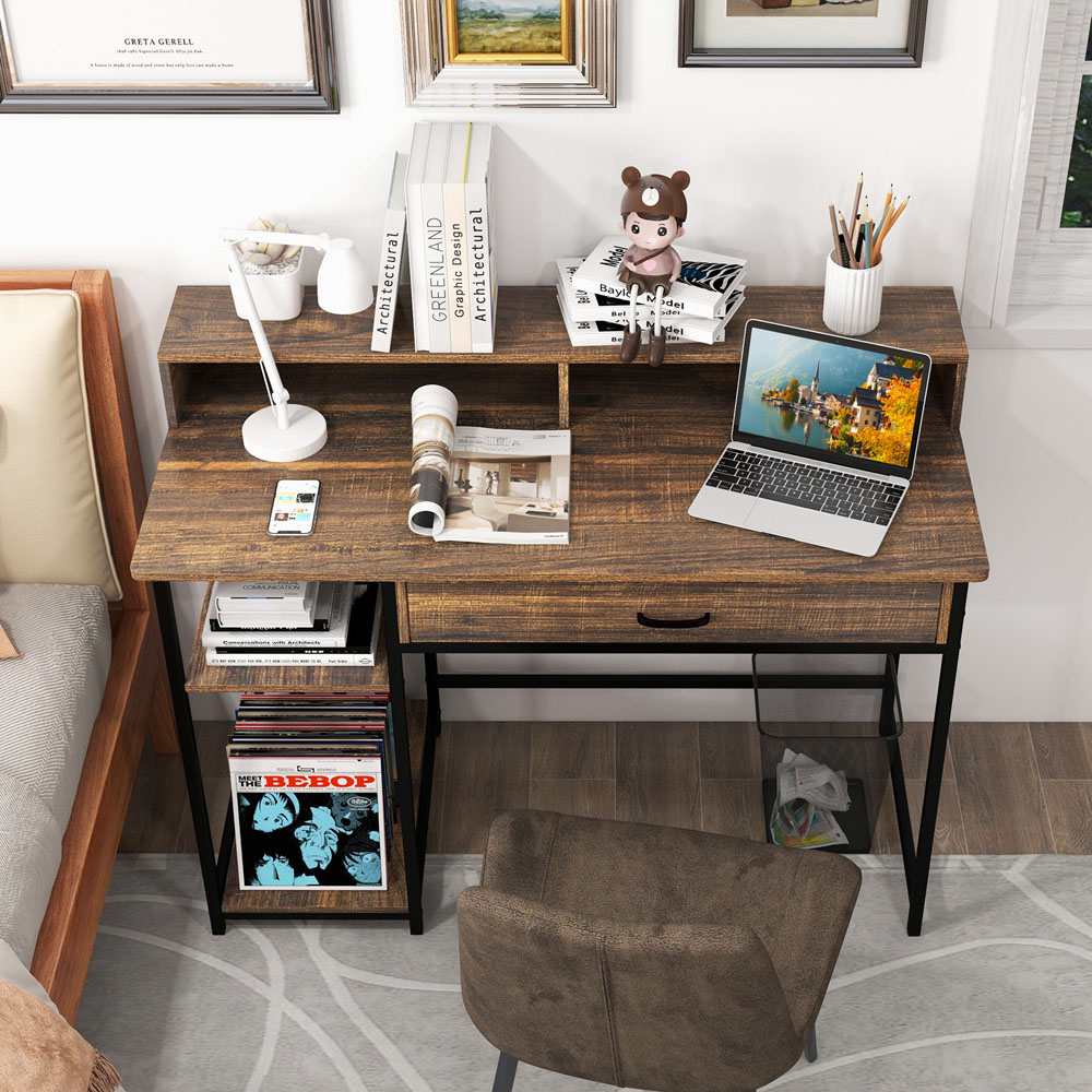 Costway Single Drawer Computer Desk with Monitor Stand Brown Image 5