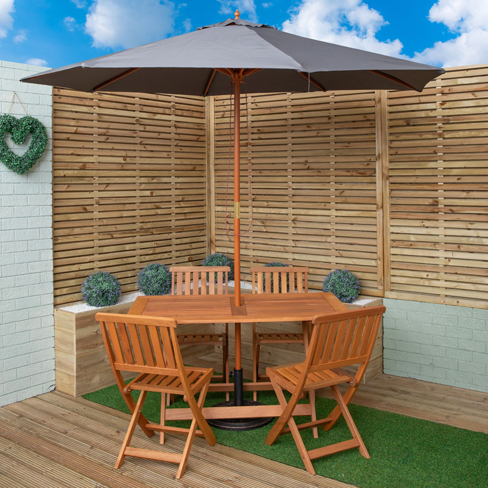 Samuel Alexander 4 Seater Wooden Rectangular Foldable Dining Set with Grey Parasol and Base Image 1